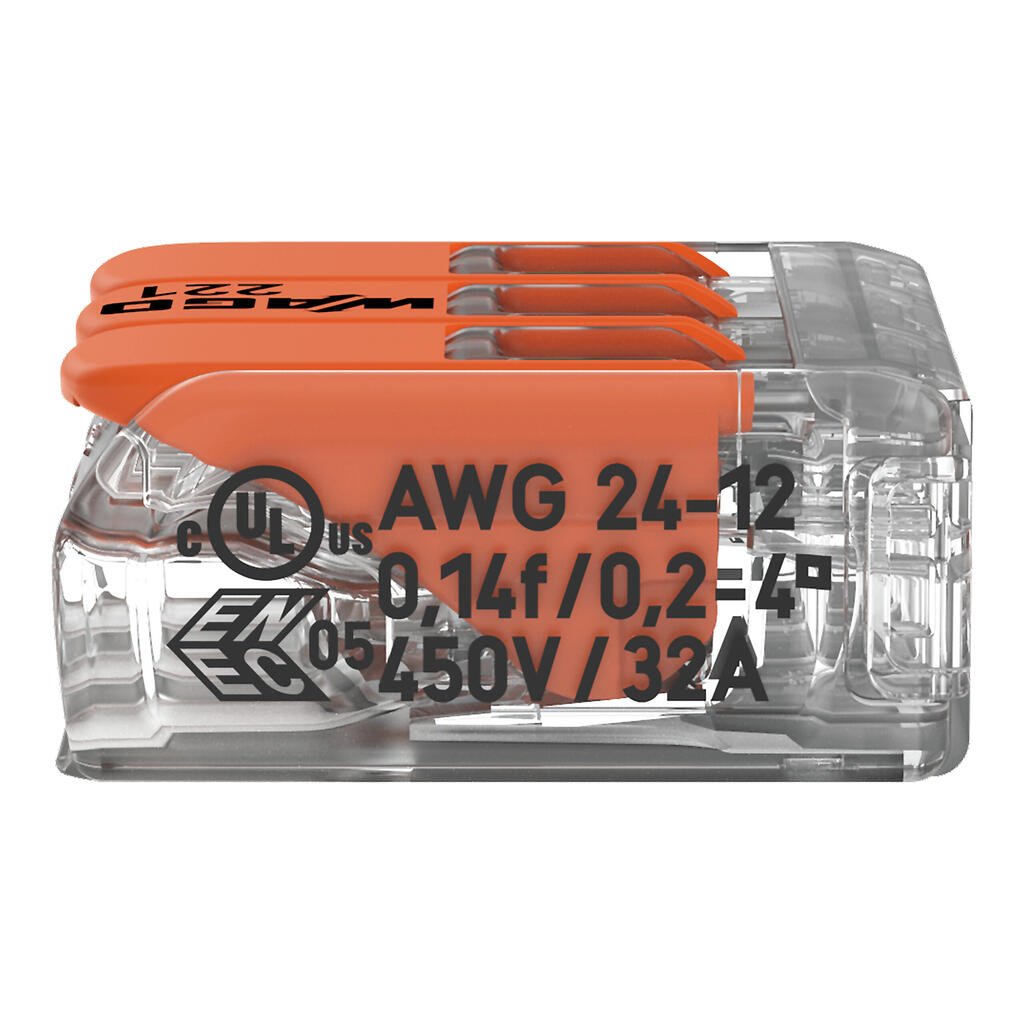 Wago Verbindungsklemme 221-413, 3 Leiter, 4mm², mit Hebel, 50 Stück (VPE)
